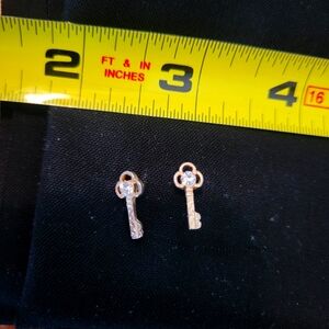 Small Gold Tone White Clear Rhinestone Key Pierced Earrings